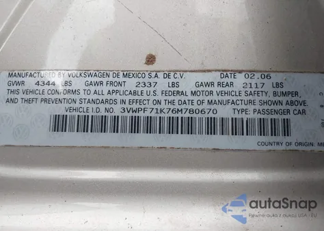 2006 Volkswagen Jetta Value из США, поврежденный, VIN 3VWPF71K76M780670